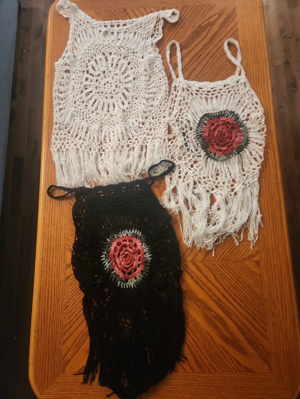 Boho Crochet Fringe Tank Tops with Rose Motif
